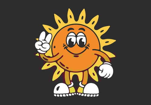 Happy sun mascot character in peace hand symbol. Dark background vector