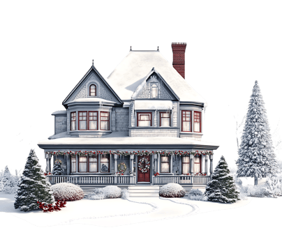 A large victorian house with snow on the ground png