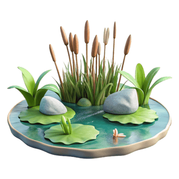 3D Cartoon Pond Illustration Lily Pads, Reeds, and Stones png