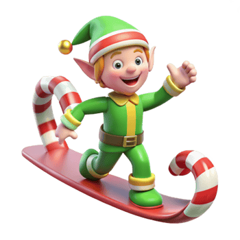 dramatic creative Jolly Elf 3D Render on Candy Cane Sled exclusive png