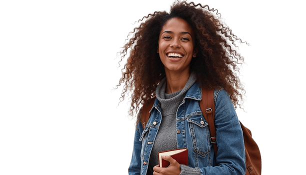 A smiling young woman with curly hair holding a book png