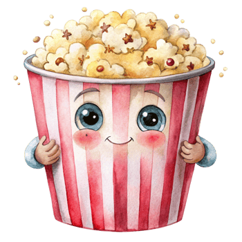A cartoon popcorn bucket with eyes and a smile png