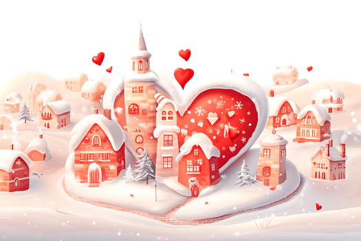 A heart shaped town with snow and hearts png
