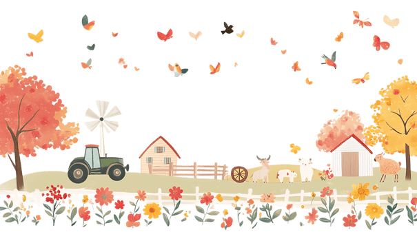 Autumn farm scene with tractor, farm animals, and butterflies png
