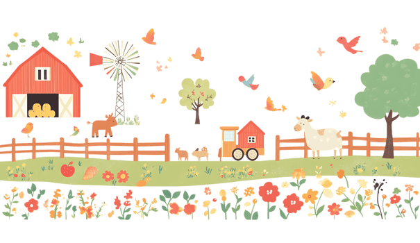 Farm scene with farm animals, barn, and windmill png