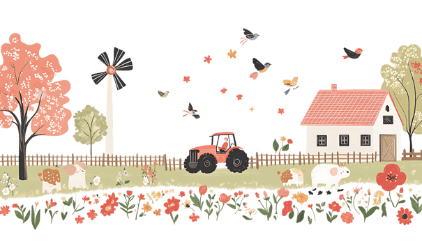Farm scene with tractor, flowers, birds and farm animals png