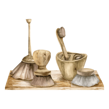 Wooden zero waste washing brushes on wooden tables watercolor illustration. Hand drawn cleaning tools clipart, eco friendly home utensils with hygiene objects for poster, magazine, packing design png