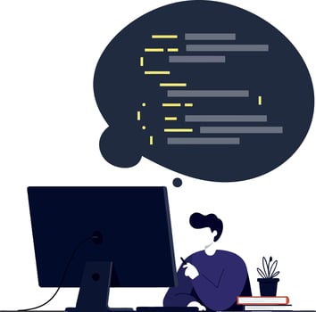 Person coding at a computer with thought bubble of code snippets vector