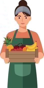 Woman holding a wooden crate filled with fresh vegetables vector