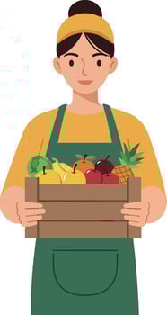 Woman holding a wooden crate filled with fresh fruits vector