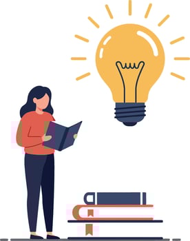 Woman reading a book with a light bulb above her head symbolizing ideas vector