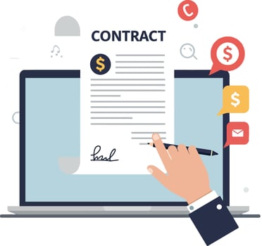 Digital contract signing on a laptop with notification icons and hand gesture vector