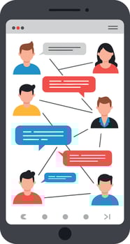Digital smartphone displaying conversation between multiple users with chat bubbles vector