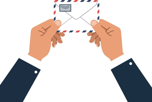 Hands holding an envelope with airmail design and clear address label vector