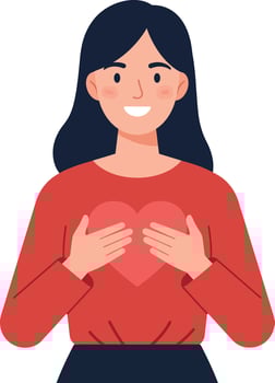 Woman holding heart symbol with joy and warmth in red sweater vector