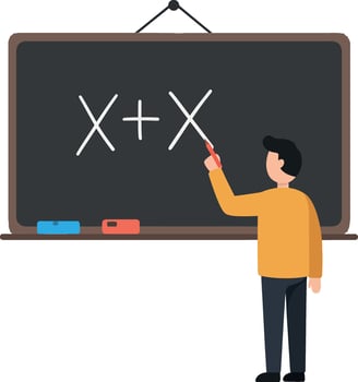 Teacher explaining a mathematical equation on a chalkboard in classroom setting vector
