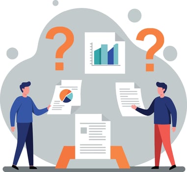Two individuals analyzing documents and charts with questions in background vector