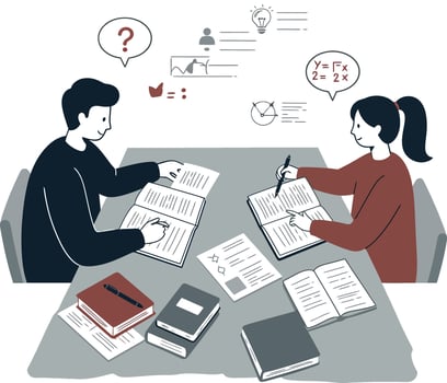 Two students studying together with books and notes on a table vector