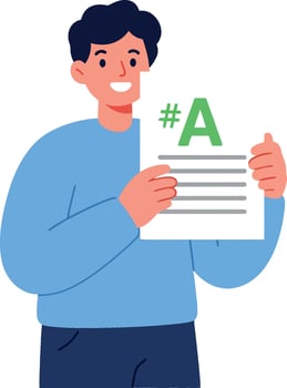 Young man smiles while holding a paper with hashtag and letter A vector
