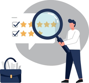 Businessman analyzing customer feedback with a magnifying glass and checklist vector