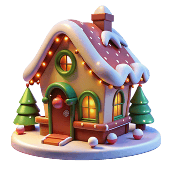 beautiful contemporary 3D Cartoon Gingerbread House Winter Scene authentic png