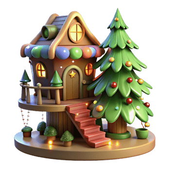 serene traditional 3D Gingerbread House and Christmas Tree Illustration high quality png