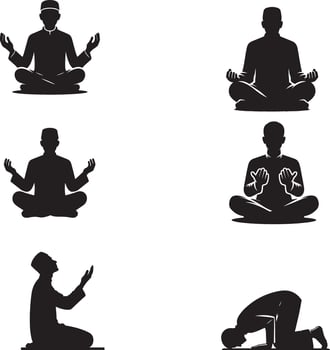 silhouettes of muslim men praying in different positions vector