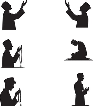 silhouettes of muslim men praying and praying different positions vector