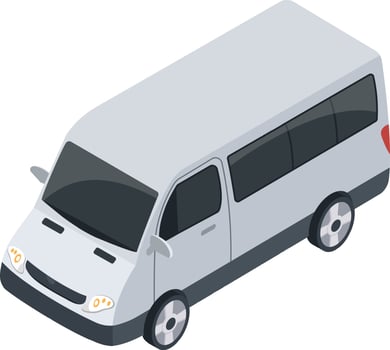 Isometric white minibus driving across a clean white background, illustrating travel and transportation themes while conveying modernity and efficiency for various concepts vector
