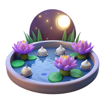 dramatic minimalist 3D Lotus Pond Night Scene Illustration high resolution png