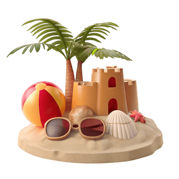 Cute 3D Cartoon Summer Island Scene with Beach Toys png