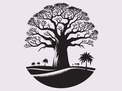 Beautiful Black Baobab Tree Silhouette in Nature Theme vector
