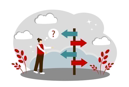 The concept of choosing a life path and a complex decision. A woman stands near the pointer and does not know where to go vector