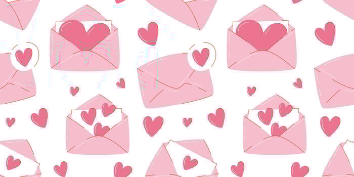 Romantic seamless pattern with various love letters in envelope and hearts, pink color. Flat illustration, isolated white background. For wrapping paper, cover, poster, print or gift box vector