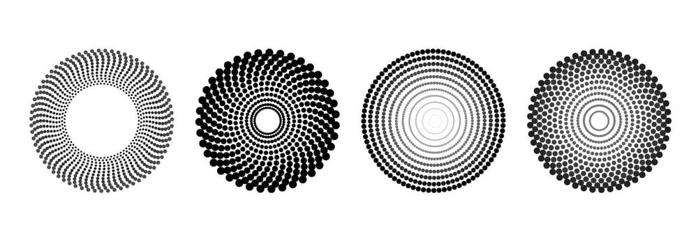 Set of point concentric shapes. Circular halftone elements . halftone patterns, radio waves, sound ripple circles for banners, templates. vector