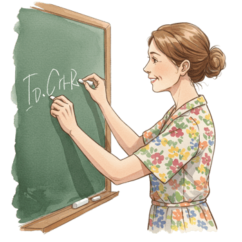 Smiling Woman Teacher Writing on Chalkboard Green Floral Dress Cute Happy Retro Lesson School Wisdom png