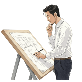Focused Architect Reviewing Detailed Building Plans Design Man Work White Shirt Paper Table Office png