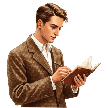 Elegant Man in Brown Tweed Jacket Writing in Notebook pen retro style paper manly author artist png