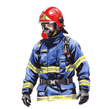 Brave Firefighter in Protective Gear Watercolor Art Red Job Man Mask Hero Blue Duty Image Helmet png