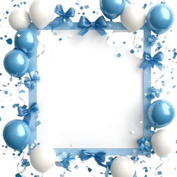 Blue and white balloons and a frame with a ribbon png