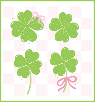 Coquette St Patricks Day 4 Leaf Clover with Ribbon Bow Retro Girly Whimsical Hand Drawn Set vector
