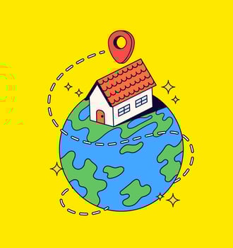 House on earth with red location marker cartoon illustration hand drawn vector