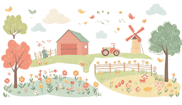 Farm scene with windmill, farm animals and flowers png