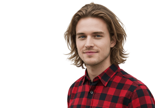 Attractive Young Man Red Plaid Shirt Casual Portrait Studio male hair long face look black model png