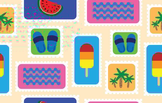 Summer pattern seamless fabric summer season. beach elements on stamp frames on yellow. Designed for background ,wallpaper ,summer pattern ,wrapping paper ,travel ,holiday ,weekend ,vacation ,trip vector