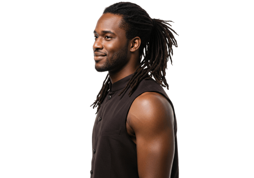 Portrait of a Handsome Black Man with Dreadlocks Wearing a Brown Sleeveless Shirt Against a Black png