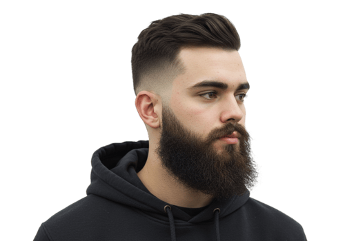 Stylish Man with Short Hair and Full Beard Profile View Fashionable men guy look male face style png