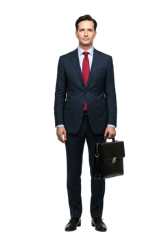 Confident Businessman Formal Suit Red Tie Black Briefcase Dark Style Image Office Career Studio png