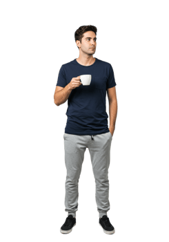 Young Man Relaxed Casual Outfit Holding Coffee Cup Morning Grey Blue Drink Pants Shirt Shoes Style png