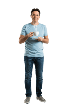 Smiling Man Enjoying Hot Coffee Break Casual Jeans Outfit cup tea blue male happy drink relax shirt png